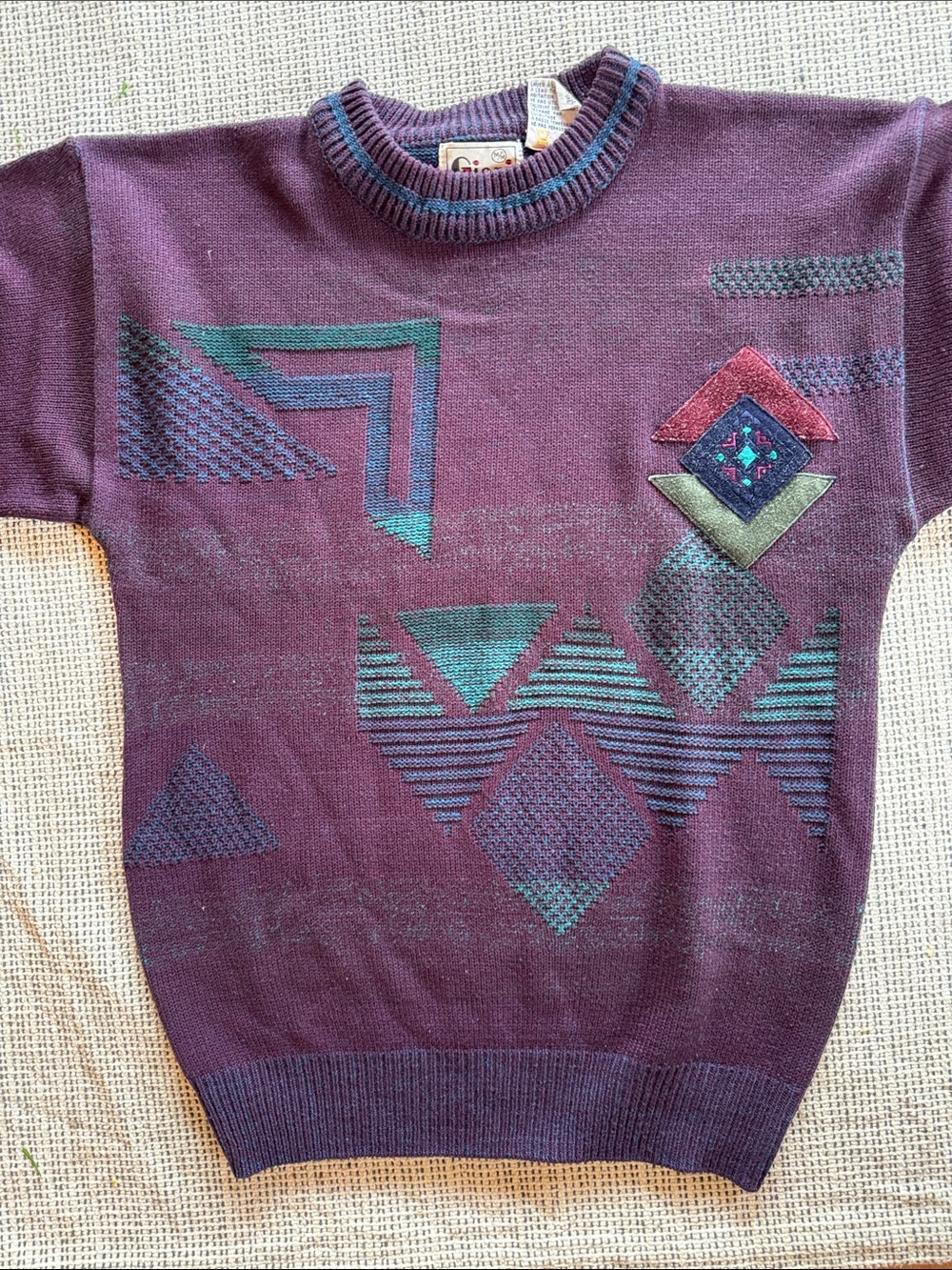 Vintage 80s Geometric Pattern Short Sleeve Sweater - Plum & Teal